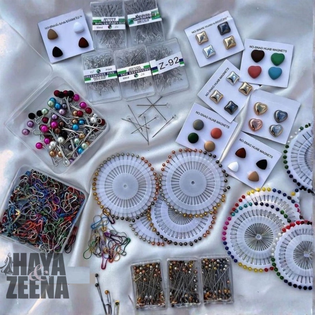 Premium Hijab Pin & No-Snag Magnet Set – Pearl Pins, Dressmaker Pins, Safety Pins & Magnetic Hijab Clips