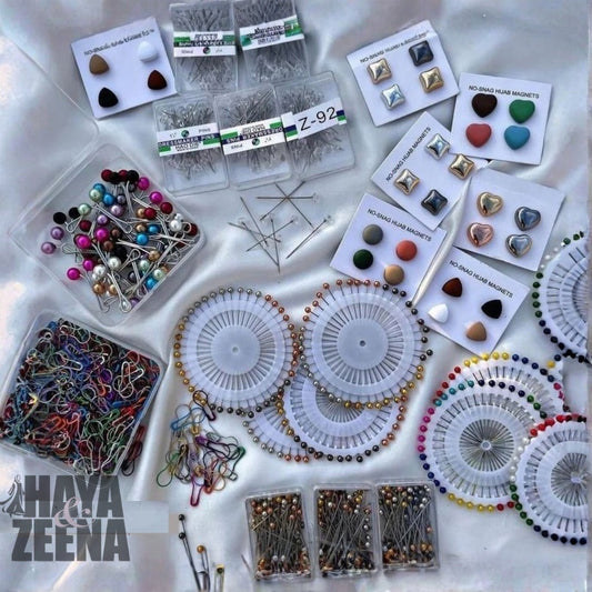 Premium Hijab Pin & No-Snag Magnet Set – Pearl Pins, Dressmaker Pins, Safety Pins & Magnetic Hijab Clips