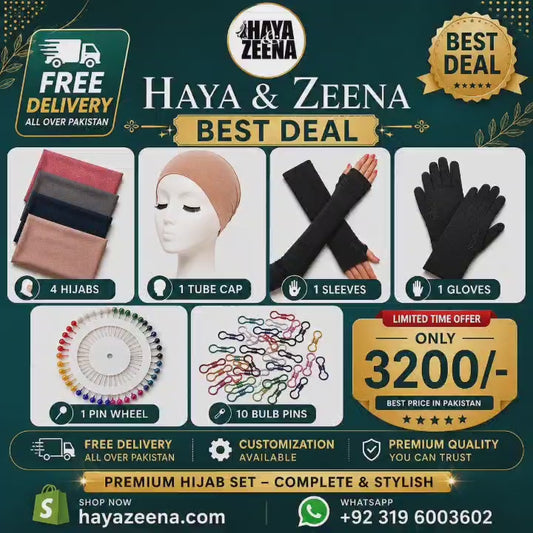 Premium Hijab Gift Set – 4 Hijabs, Tube Cap, Full Sleeve, Gloves, Pin Wheel & Bulb Pins | Free Delivery